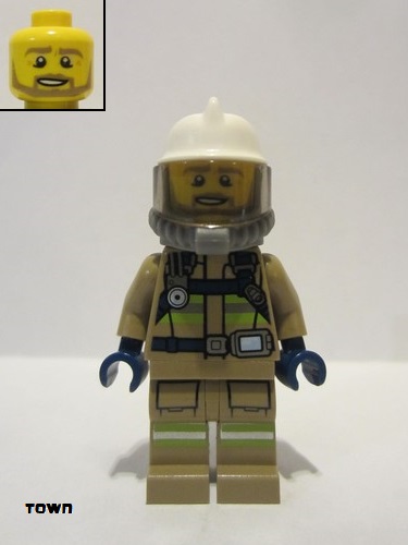 lego 2022 mini figurine cty1359 Fire Fighter Reflective Stripes, Dark Tan Suit, White Fire Helmet, Open Mouth with Beard, Breathing Neck Gear with Blue Airtanks 