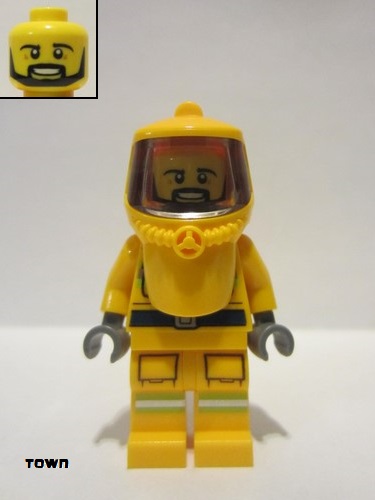 lego 2022 mini figurine cty1360 Fire Reflective Stripes, Bright Light Orange Suit and Hood Hazard with Trans-Black Face Shield, Beard 