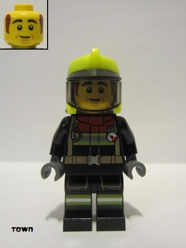 lego 2022 mini figurine cty1362 Fire Fighter Bob, Reflective Stripes, Black Legs and Jacket with Dark Red Collar, Neon Yellow Fire Helmet, Trans-Black Visor, Dark Orange Sideburns 