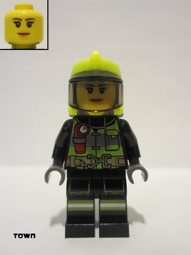 lego 2022 mini figurine cty1371 Fire Reflective Stripes with Utility Belt and Flashlight, Neon Yellow Fire Helmet, Trans-Black Visor, Peach Lips 