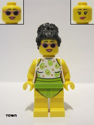 lego 2022 mini figurine cty1387 Beach Tourist Female, White and Lime Swimsuit, Black Hair 