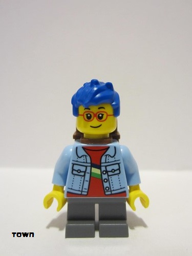 lego 2022 mini figurine cty1393 Boy Bright Light Blue Denim Jacket, Dark Bluish Gray Short Legs, Blue Hair, Reddish Brown Backpack 
