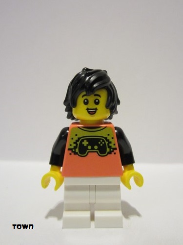 lego 2022 mini figurine cty1394 Boy Coral Shirt with Video Game Controller, White Medium Legs, Black Hair 