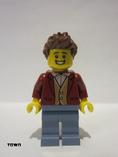 lego 2022 mini figurine cty1395 Teacher Male, Dark Red Suit Jacket, Sand Blue Legs, Reddish Brown Hair 