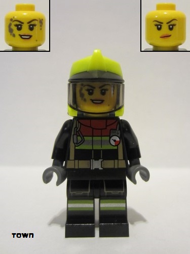 lego 2022 mini figurine cty1399 Fire Female, Black Jacket and Legs with Reflective Stripes and Red Collar, Neon Yellow Fire Helmet, Trans-Black Visor, Dark Bluish Gray Splotches 