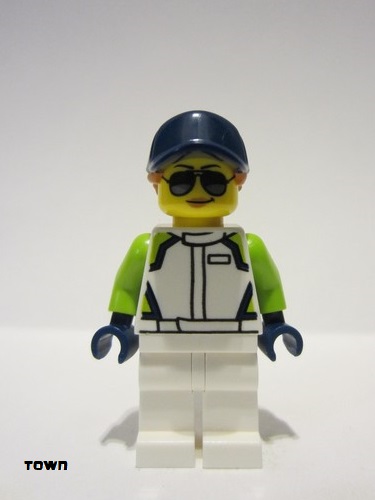 lego 2022 mini figurine cty1401 Race Car Mechanic Female, White Race Jacket and Legs, Dark Blue Cap with Dark Orange Hair 