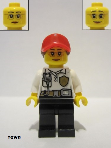 lego 2022 mini figurine cty1417 Fire Female White Shirt with Fire Logo Badge and Belt, Black Legs, Red Cap with Ponytail 
