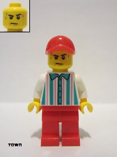 lego 2022 mini figurine cty1434 Hot Dog Vendor Red Legs and Cap, Sweat Drops 