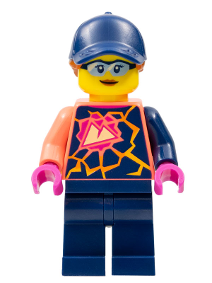 lego 2022 mini figurine cty1458 Stuntz Crew Female, Dark Blue Cap, Coral Shirt with Sports Logo, Dark Blue Legs 