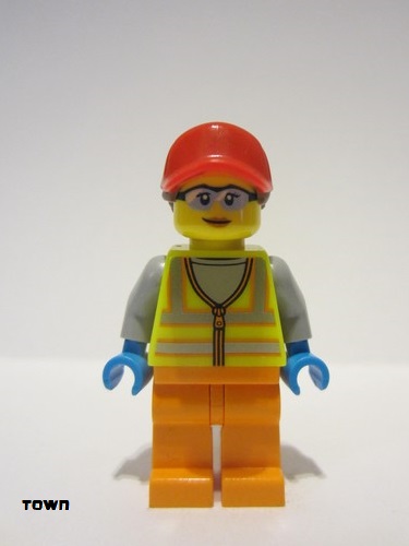 lego 2022 mini figurine cty1467 Reach Stacker Driver Female, Neon Yellow Safety Vest, Orange Legs, Red Cap with Reddish Brown Ponytail 
