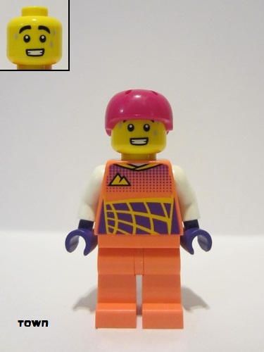 lego 2022 mini figurine cty1470 Cyclist Male, Coral Race Suit, Magenta Helmet 