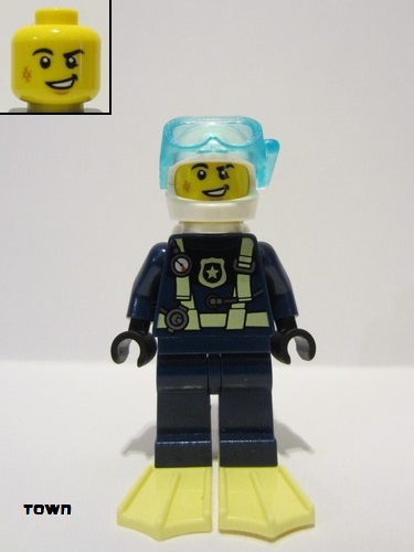 lego 2022 mini figurine cty1477 Police - City Officer Dark Blue Diving Suit with Yellowish Green Harness, White Helmet, White Air Tanks, Cheek Scuff, Bright Light Yellow Flippers 