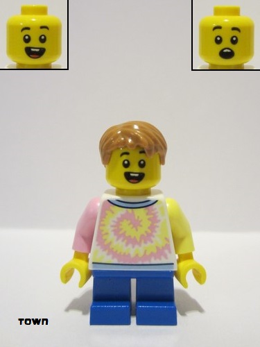 lego 2022 mini figurine cty1493 Boy White Shirt with Swirl, Blue Short Legs, Medium Nougat Hair 