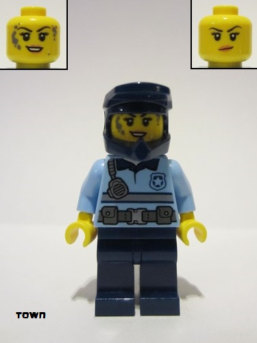 lego 2022 mini figurine cty1510 Police - City Officer Female Bright Light Blue Shirt with Silver Stripe, Badge, and Radio, Dark Blue Legs, Dark Blue Dirt Bike Helmet, Splotches 