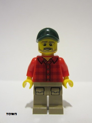 lego 2022 mini figurine cty1512 Forklift Driver Male, Red Flannel Shirt, Dark Tan Legs with Pockets, Dark Green Cap 