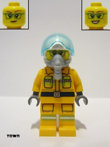 lego 2022 mini figurine cty1513 Fire Reflective Stripes, Bright Light Orange Suit, White Helmet, Breathing Apparatus, Green Glasses 