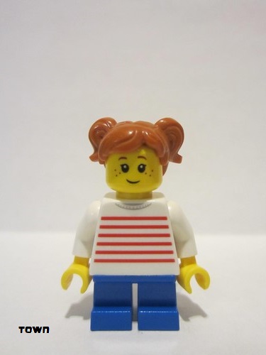 lego 2022 mini figurine twn427 Girl With Dark Orange Two Pigtails Hair, White Sweater with Red Horizontal Stripes, Blue Short Legs 