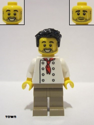 lego 2022 mini figurine twn431 Chef White Torso with 8 Buttons, No Wrinkles Front or Back, Dark Tan Legs, Black Hair 