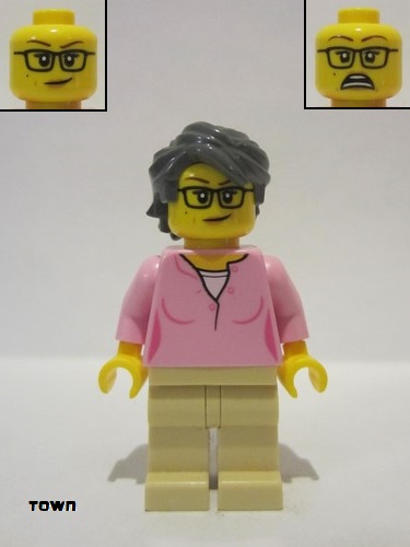 lego 2022 mini figurine twn438 Woman Bright Pink Shirt, Tan Legs, Dark Bluish Gray Swept Back Tousled Hair 