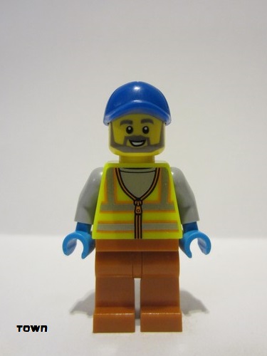 lego 2023 mini figurine cty1521 Recycling Worker Male, Neon Yellow Safety Vest, Dark Orange Legs, Blue Cap 