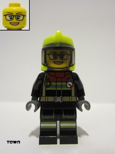 lego 2023 mini figurine cty1544 Fire Female, Black Jacket and Legs with Reflective Stripes and Red Collar, Neon Yellow Fire Helmet, Trans-Black Visor, Black Glasses 