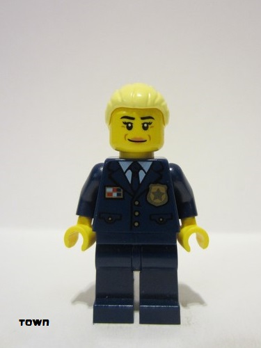 lego 2023 mini figurine cty1564 Police - City Chief Female, Dark Blue Jacket and Legs, Bright Light Yellow Hair, Closed Smile 