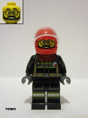 lego 2023 mini figurine cty1567 Fire Male, Black Jacket and Legs with Reflective Stripes and Red Collar, Red Helmet, Trans-Clear Visor 