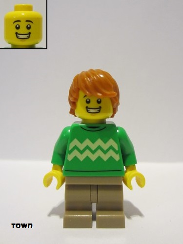 lego 2023 mini figurine cty1582 Boy Bright Green Sweater, Dark Tan Medium Legs, Open Mouth Smile, Dark Orange Hair 
