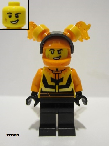 lego 2023 mini figurine cty1590 Stuntz Driver Male, Bright Light Orange and Black Jacket, Black Legs, Orange Helmet with Flames and Black Visor 