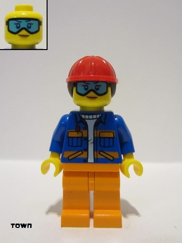 lego 2023 mini figurine cty1600 Construction Worker Female, Blue Open Jacket with Pockets and Orange Stripes, Orange Legs, Red Construction Helmet with Dark Brown Hair, Goggles 