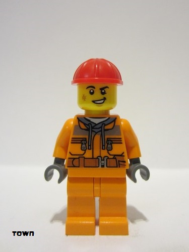 lego 2023 mini figurine cty1604 Construction Worker Male, Orange Safety Jacket, Reflective Stripe, Sand Blue Hoodie, Orange Legs, Red Construction Helmet 