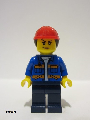 lego 2023 mini figurine cty1605 Construction Worker Female, Blue Open Jacket with Pockets and Orange Stripes, Dark Blue Legs, Red Construction Helmet with Dark Brown Hair 