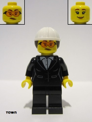 lego 2023 mini figurine cty1606 Construction Engineer / Architect Female, Black Suit Jacket, White Button Up Shirt, Black Legs, Glasses, White Construction Helmet with Dark Brown Hair 