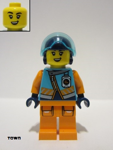 lego 2023 mini figurine cty1610 Arctic Explorer Pilot Female - Medium Azure Jacket, Name Badge, Dark Blue Helmet 