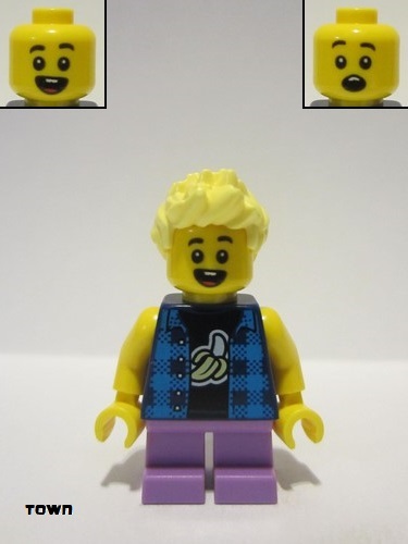 lego 2023 mini figurine cty1615 Child Boy, Dark Blue Banana Shirt, Medium Lavender Short Legs, Bright Light Yellow Hair 