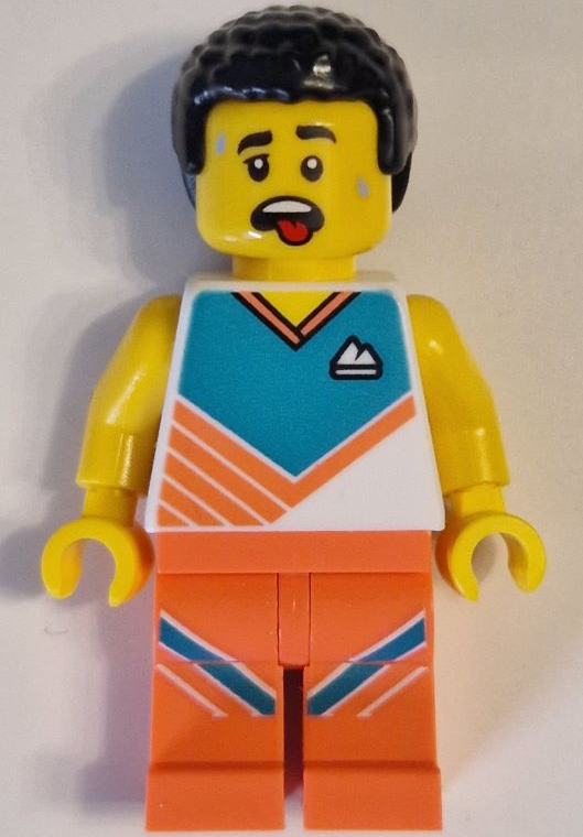 lego 2023 mini figurine cty1620 Fitness Male, White Shirt with Dark Turquoise Panel, Coral Legs, Black Hair 