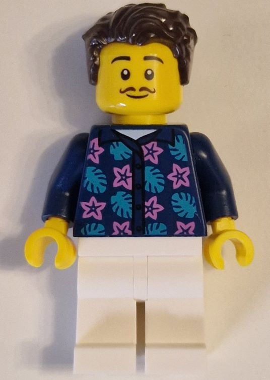 lego 2023 mini figurine cty1621 Cyclist Male, Dark Blue Jacket with Flowers and Leaves, White Legs, Dark Brown Hair 