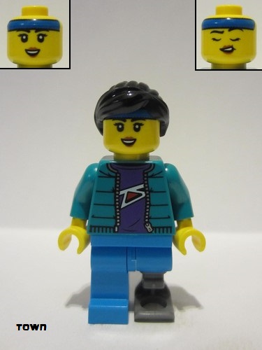 lego 2023 mini figurine cty1628 Skateboarder Female, Dark Turquoise Jacket over Dark Purple Shirt, Prosthetic Leg 