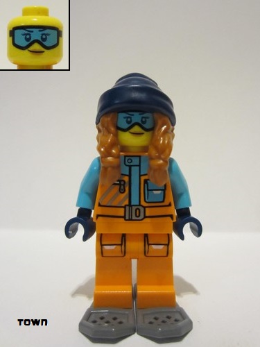 lego 2023 mini figurine cty1629 Arctic Explorer Female, Orange Jacket, Dark Orange Braids with Dark Blue Beanie, Medium Azure Goggles, Dark Bluish Gray Snowshoes 