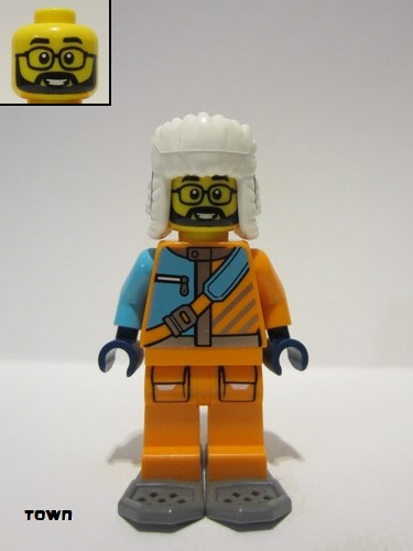 lego 2023 mini figurine cty1630 Arctic Explorer Male, Orange and Medium Azure Jacket, Glasses, Black Beard, Ushanka Hat, Dark Bluish Gray Snowshoes 