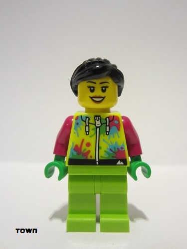 lego 2023 mini figurine cty1631 Mountain Bike Cyclist Female, Neon Yellow Jacket with Paint Splotches, Lime Legs, Black Hair 