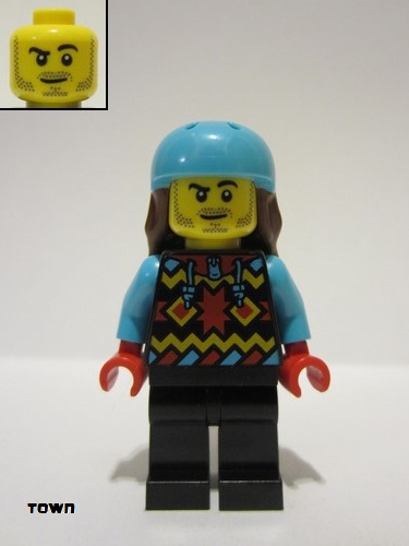 lego 2023 mini figurine cty1633 Snowboarder Male, Geometric Jacket, Black Legs, Medium Azure Sports Helmet, Reddish Brown Long Hair 
