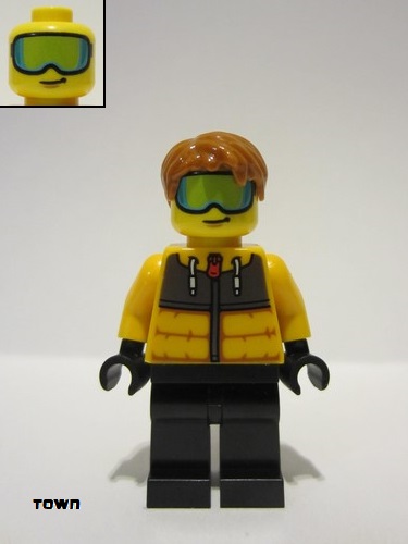 lego 2023 mini figurine cty1634 Citizen Male - Bright Light Orange Jacket, Black Legs, Dark Orange Hair, Ski Goggles 
