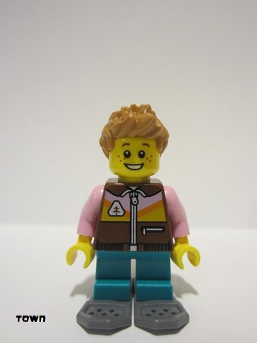 lego 2023 mini figurine cty1637 Boy Reddish Brown Jacket, Dark Turqouise Short Legs, Medium Nougat Hair, Snowshoes 
