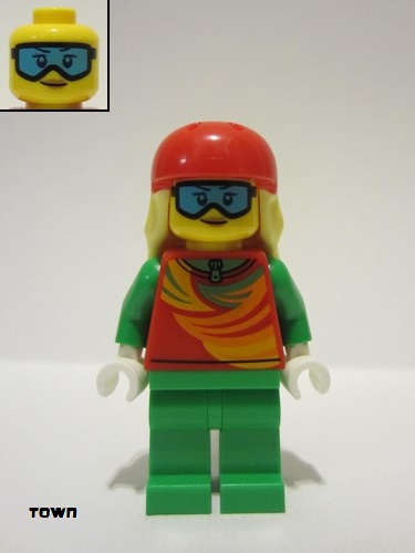 lego 2023 mini figurine cty1638 Skier Female, Red Top, Bright Green Legs, Red Sports Helmet, Bright Light Yellow Long Hair, Ski Goggles 