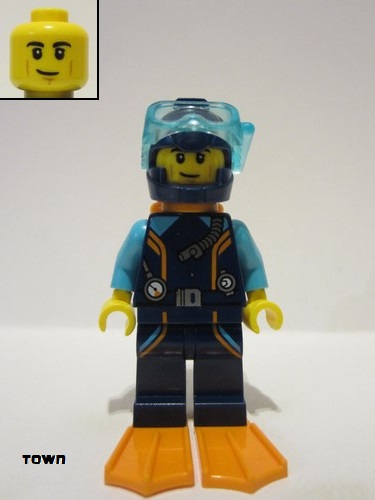 lego 2023 mini figurine cty1639 Arctic Explorer Diver Male, Dark Blue Diving Suit, Orange Air Tanks and Flippers, Dark Blue Helmet, Trans Light Blue Diver Mask, Closed Smile 