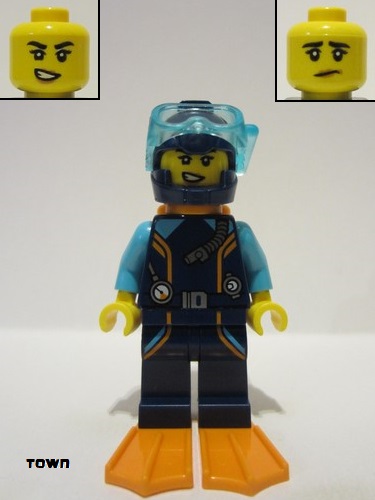 lego 2023 mini figurine cty1640 Arctic Explorer Diver Female, Dark Blue Diving Suit, Orange Air Tanks and Flippers, Dark Blue Helmet, Trans Light Blue Diver Mask 