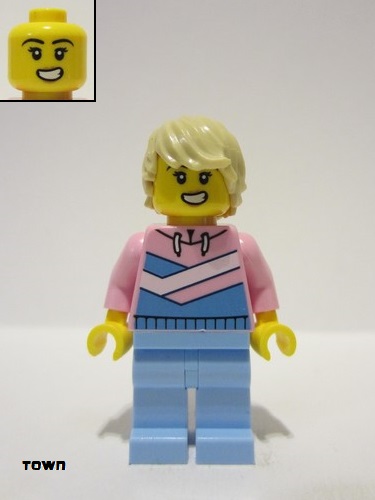 lego 2023 mini figurine cty1642 Tuk Tuk Driver Female, Bright Pink Hoodie, Bright Light Blue Legs, Tan Hair 