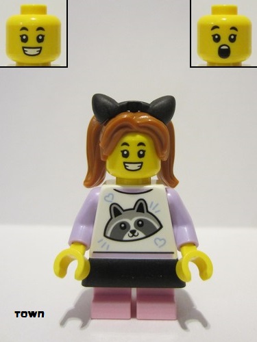 lego 2023 mini figurine cty1643 Comic Shop Customer Child Girl, White Top with Racoon, Bright Pink Short Legs, Dark Orange Pigtails with Cat Ears 