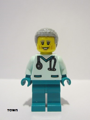 lego 2023 mini figurine cty1649 Veterinarian Male, Light Aqua Scrubs, Dark Turquoise Legs, Light Bluish Grey Hair 